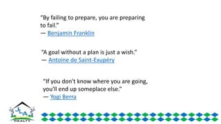 “If you don't know where you are going,
you'll end up someplace else.”
― Yogi Berra
“By failing to prepare, you are preparing
to fail.”
― Benjamin Franklin
“A goal without a plan is just a wish.”
― Antoine de Saint-Exupéry
 