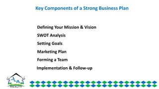 Defining Your Mission & Vision
SWOT Analysis
Setting Goals
Marketing Plan
Forming a Team
Implementation & Follow-up
Key Components of a Strong Business Plan
 