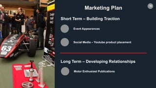 16
Event Appearances
Social Media – Youtube product placement
Marketing Plan
Short Term – Building Traction
Motor Enthusiast Publications
Long Term – Developing Relationships
 