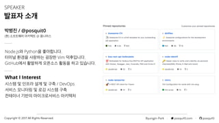 Byungjin Park · posquit0.com · posquit0Copyright © 2017 All Rights Reserved.
Node.js와 Python을 좋아합니다.
터미널 환경을 사랑하는 굉장한 Vim 덕후입니다.
GitHub에서 활발하게 오픈소스 활동을 하고 있습니다.
SPEAKER
발표자 소개
박병진 / @posquit0
(현) 소프트웨어 아키텍트 @ 옴니어스
What I Interest
시스템 및 인프라 설계 및 구축 / DevOps
서비스 모니터링 및 로깅 시스템 구축
컨테이너 기반의 마이크로서비스 아키텍처
 