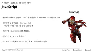 Byungjin Park · posquit0.com · posquit0Copyright © 2017 All Rights Reserved.
A BRIEF HISTORY OF WEB DEV
JavaScript
- 웹 브라우저에서 실행되어 DOM을 핸들링하기 위한 목적으로 만들어진 언어
- 1995년 첫 릴리즈 by Brendan Eich
(10일만에 개발되었다는 근본 없는 언어)
- 1997년 ECMAScript 표준 첫 발표
- 2009년 Node.js 첫 릴리즈
- 2015년 ES6 발표 / 2016년 ES7 발표 / 2017년 ES8 발표
BEHAVIOR
 