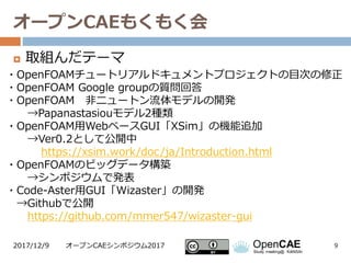 オープンCAEもくもく会
 取組んだテーマ
2017/12/9 9オープンCAEシンポジウム2017
・OpenFOAMチュートリアルドキュメントプロジェクトの目次の修正
・OpenFOAM Google groupの質問回答
・OpenFO...