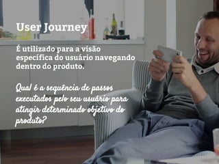 User Journey
É utilizado para a visão
específica do usuário navegando
dentro do produto.
Qual é a sequência de passos
executados pelo seu usuário para
atingir determinado objetivo do
produto?
 