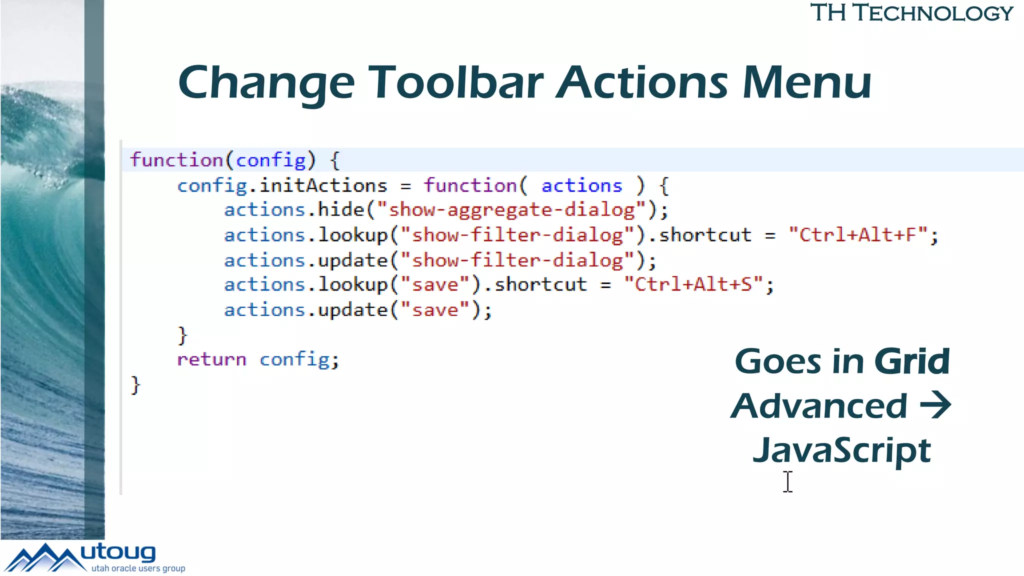 TH Technology
Change Toolbar Actions Menu
Goes in Grid
Advanced 
JavaScript
 