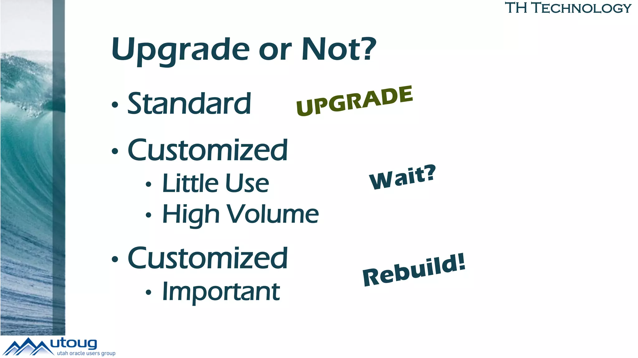 TH Technology
Upgrade or Not?
• Standard
• Customized
• Little Use
• High Volume
• Customized
• Important
 