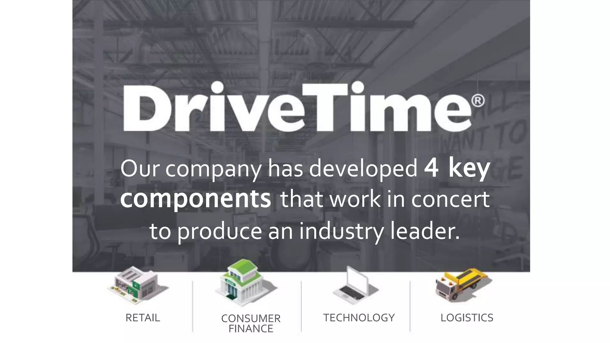 Our company has developed 4 key
components that work in concert
to produce an industry leader.
RETAIL CONSUMER
FINANCE
TECHNOLOGY LOGISTICS
 