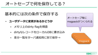 • ユーザデータに変更があるかどうか
• メモリ上のdirty flagを精査
• dirtyなレコードをローカルDBに書き込み
• 差分⼀覧をサーバ通知⽤に別で保存→
オートセーブで何を保存してる？
基本的には次の条件で保存する
msgpack
オートセーブ毎に
msgpackがつくられる
msgpack
msgpack
msgpack
msgpack
 