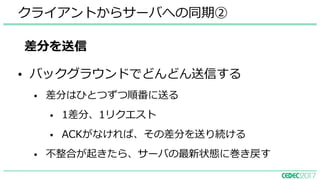 • バックグラウンドでどんどん送信する
• 差分はひとつずつ順番に送る
• 1差分、1リクエスト
• ACKがなければ、その差分を送り続ける
• 不整合が起きたら、サーバの最新状態に巻き戻す
クライアントからサーバへの同期②
差分を送信
 