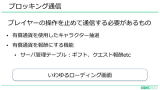 ブロッキング通信
プレイヤーの操作を⽌めて通信する必要があるもの
• 有償通貨を使⽤したキャラクター抽選
• 有償通貨を報酬にする機能
• サーバ管理テーブル : ギフト、クエスト報酬etc
いわゆるローディング画⾯
 