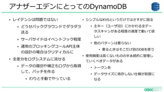 • レイテンシは問題ではない
• どうせバックグラウンドでダラダラ
送る
• サーバサイドはイベントフック程度
• 通常のブロッキングコールAPI主体
の設計の場合はクリティカルに
• 全差分をログシステムに流せる
• データの復旧や補正もログから取得
して、パッチを作る
• わりと⼿動でやっている
アナザーエデンにとってのDynamoDB
• シンプルなKVSというだけではさすがに困る
• 主キー（ユーザID）にかかわる全デー
タスキャンがある程度の速度で動いて欲
しい
• 他のパターンは要らない
• 要るときはそこだけ別のDBを使う
• 使⽤頻度は⾼くないものの半永続的に管理し
ていくべきデータがある
• トークン系
• データサイズに依存しない仕様が前提に
なる
 