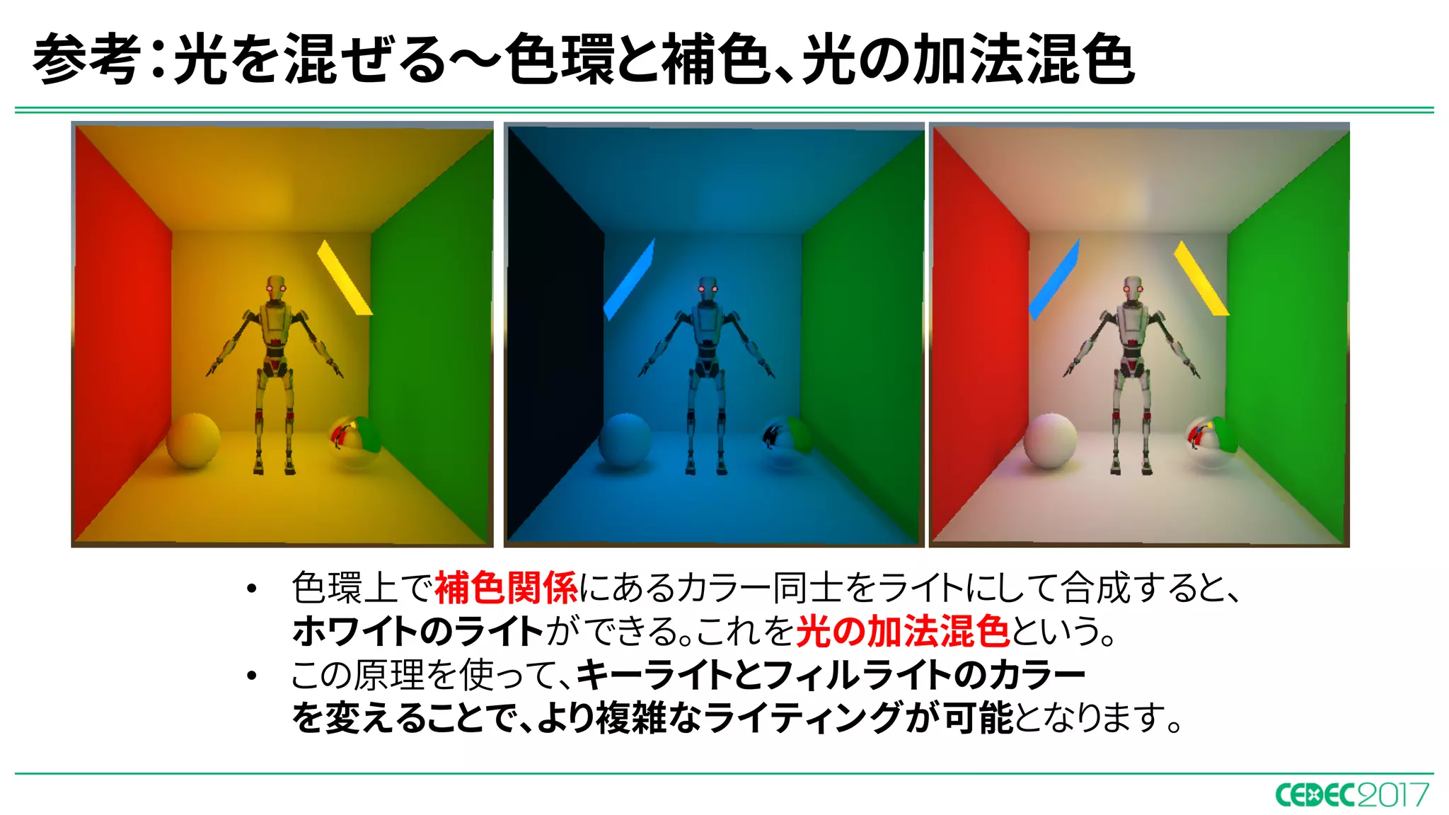 参考：光を混ぜる～色環と補色、光の加法混色
• 色環上で補色関係にあるカラー同士をライトにして合成すると、
ホワイトのライトができる。これを光の加法混色という。
• この原理を使って、キーライトとフィルライトのカラー
を変えることで、より複雑なライティングが可能となります。
 