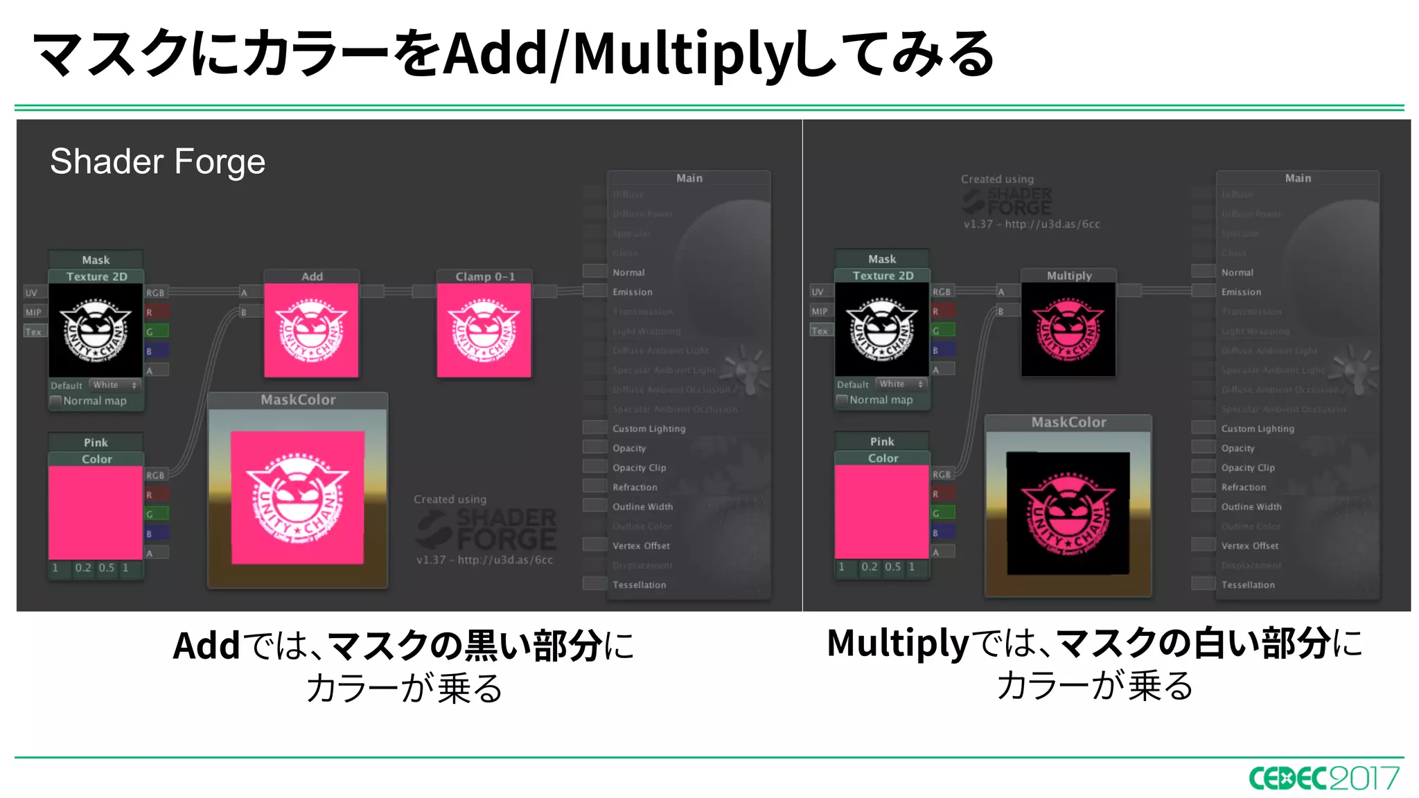 マスクにカラーをAdd/Multiplyしてみる
Addでは、マスクの黒い部分に
カラーが乗る
Multiplyでは、マスクの白い部分に
カラーが乗る
Shader Forge
 