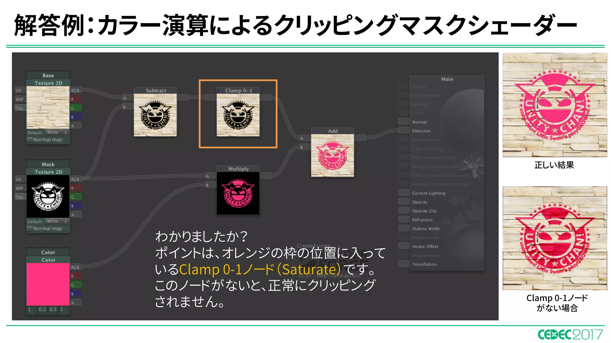 解答例：カラー演算によるクリッピングマスクシェーダー
Shader Forge
わかりましたか？
ポイントは、オレンジの枠の位置に入って
いるClamp 0-1ノード（Saturate）です。
このノードがないと、正常にクリッピング
されません。
正しい結果
Clamp 0-1ノード
がない場合
 