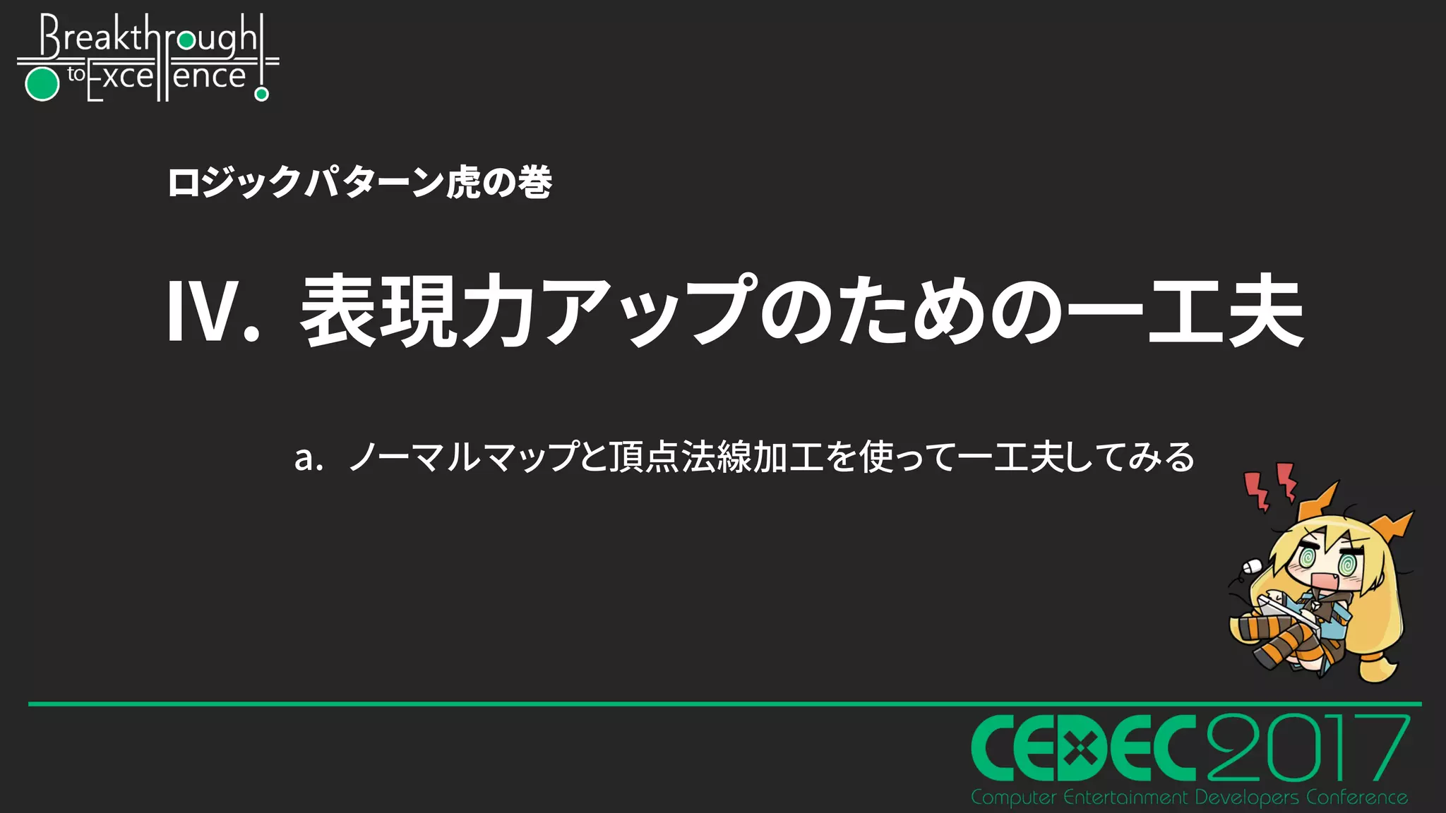 IV. 表現力アップのための一工夫
a. ノーマルマップと頂点法線加工を使って一工夫してみる
ロジックパターン虎の巻
 