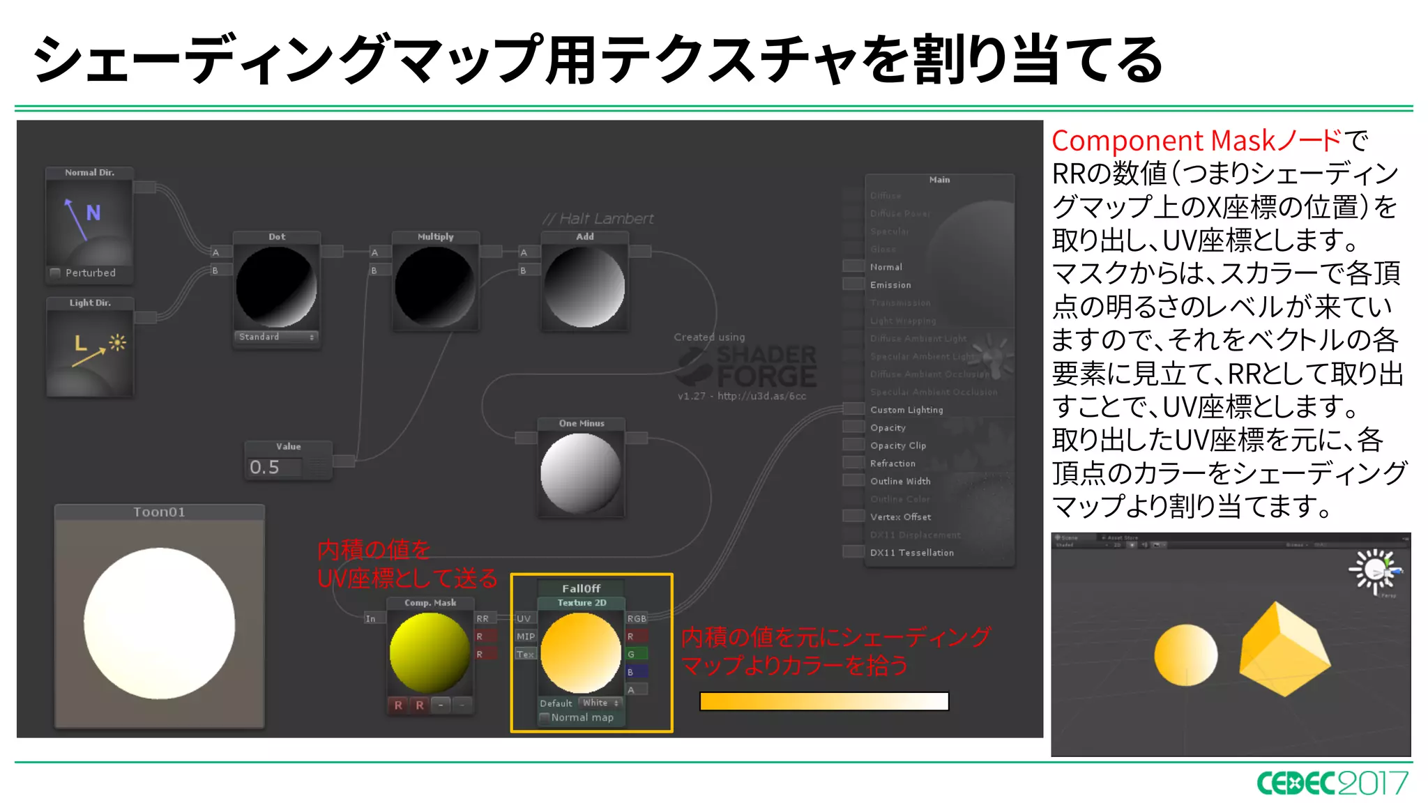 シェーディングマップ用テクスチャを割り当てる
内積の値を
UV座標として送る
内積の値を元にシェーディング
マップよりカラーを拾う
Component Maskノードで
RRの数値（つまりシェーディン
グマップ上のX座標の位置）を
取り出し、UV座標とします。
マスクからは、スカラーで各頂
点の明るさのレベルが来てい
ますので、それをベクトルの各
要素に見立て、RRとして取り出
すことで、UV座標とします。
取り出したUV座標を元に、各
頂点のカラーをシェーディング
マップより割り当てます。
 