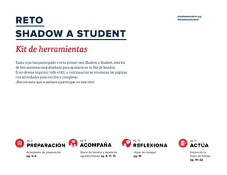 RETO
SHADOW A STUDENT
Kit de herramientas
shadowastudent.org
#shadowastudent
Tanto si ya has participado o es tu primer reto Shadow a Student, este kit
de herramientas está diseñado para ayudarte en tu Día de Sombra.
Si no deseas imprimir todo el kit, a continuación se enumeran las páginas
con actividades para escribir y completar.
¡Nos encanta que te animes a participar en este reto!
PREPARACIÓN
pg. 2
ACOMPAÑA
pg. 9
REFLEXIONA
pg. 12
ACTÚA
pg. 17
Actividades de preparación
pg. 3–6
Diario de Sombra y tarjeta de
agradecimiento pg. 8, 11, 13
Hojas de trabajao
pg. 16
Inspiración y
hojas de trabajo
pg. 19–22
 
