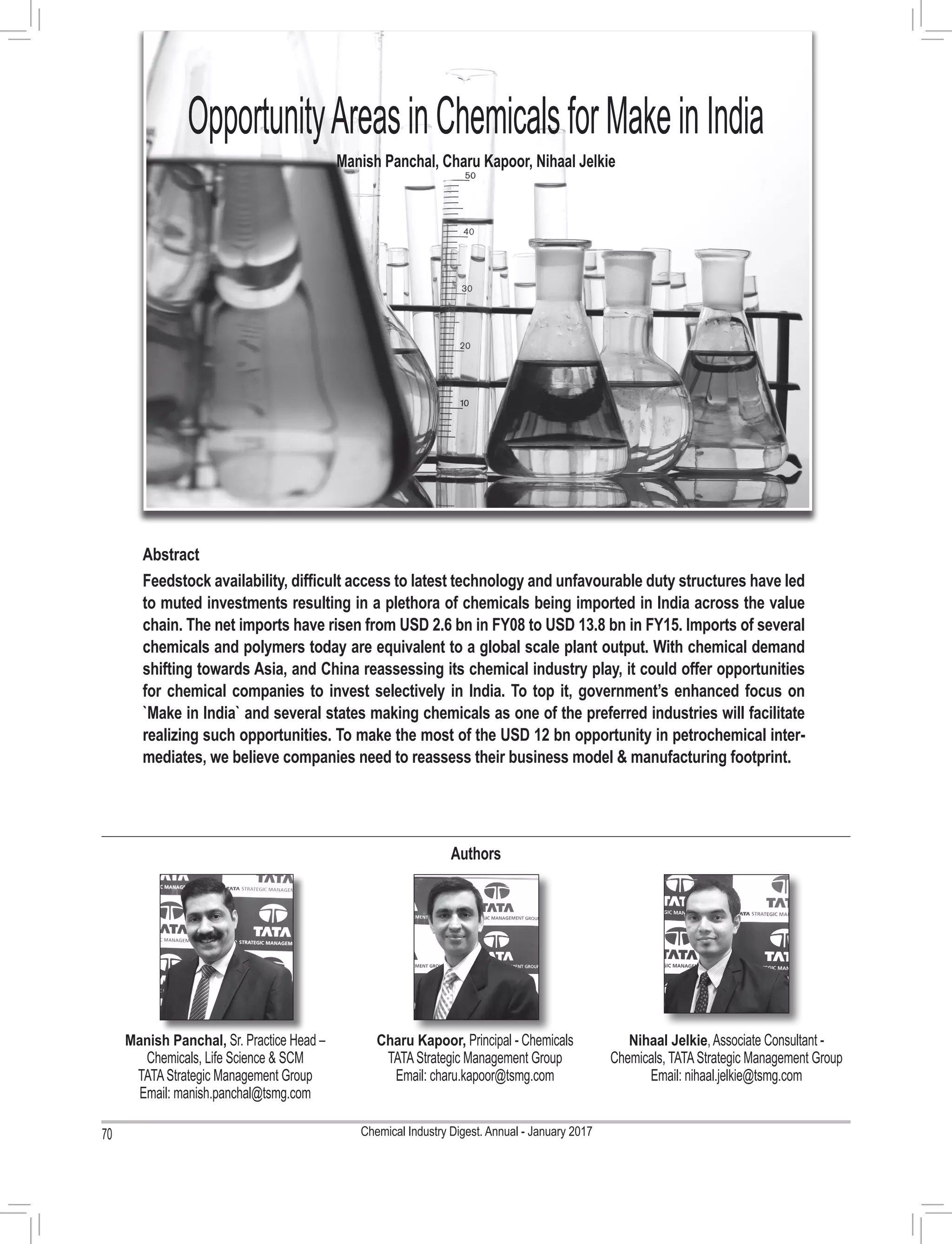 Chemical Industry Digest Opportunity Areas in Chemicals for Make in