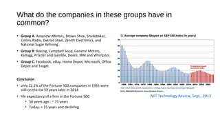 What do the companies in these groups have in
common?
• Group A: American Motors, Brown Shoe, Studebaker,
Collins Radio, Detroit Steel, Zenith Electronics, and
National Sugar Refining.
• Group B: Boeing, Campbell Soup, General Motors,
Kellogg, Procter and Gamble, Deere, IBM and Whirlpool.
• Group C: Facebook, eBay, Home Depot, Microsoft, Office
Depot and Target.
Conclusion
• only 12.2% of the Fortune 500 companies in 1955 were
still on the list 59 years later in 2014
• life expectancy of a firm in the Fortune 500
• 50 years ago : ~ 75 years
• Today: < 15 years and declining
MIT Technology Review, Sept., 2013
 