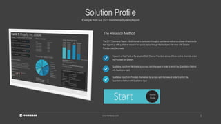 www.itembase.com
The Reseach Method
The 2017 Commerce Report – Multichannel is conducted through a quantitative method as a base mtheod and is
then topped up with qualitative research for specific topics through feedback and interviews with Solution
Providers and Merchants
Example from our 2017 Commerce System Report
Start
Research of Key Facts of the targeted Multi Channel Providers across different online channels where
the Providers are present.
Qualitative input from Merchants by surveys and interviews in order to enrich the Quantitative Method
with Qualitative input.
Qualitative input from Providers themselves by surveys and interviews in order to enrich the
Quantitative Method with Qualitative input.
Access
Profile
Solution Profile
3
 