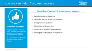 All contents © MuleSoft Inc.
How we can help: Customer success
• Regular/ongoing check-ins
• Technical and architectural guidance
• Best practices guidance
• Monitoring and reporting
• Dashboards and KPI measurement
• Driving re-usable asset consumption
Customer success:
• Helps customers achieve
their business outcomes by
guiding you through the
overall delivery process
• Is your conduit to MuleSoft
to ensure your voice is
heard
Examples of support from customer success
 