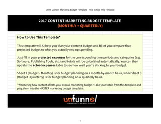 2017 Content Marketing Budget Template - How to Use This Template
1
2017 CONTENT MARKETING BUDGET TEMPLATE
(MONTHLY + QUARTERLY)
 