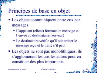 Cours semaine 1, jour 1 Cours C++ (2002) 10
Principes de base en objet
 Les objets communiquent entre eux par
messages
 L’appelant (client) formate un message et
l’envoi au destinataire (serveur)
 Le destinataire vérifie qu’il sait traiter le
message reçu et le traite s’il peut
 Les objets ne sont pas monolithiques, ils
s’agglomèrent les uns les autres pour en
constituer des plus importants
 