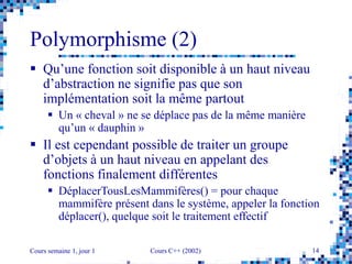 Cours semaine 1, jour 1 Cours C++ (2002) 14
Polymorphisme (2)
 Qu’une fonction soit disponible à un haut niveau
d’abstraction ne signifie pas que son
implémentation soit la même partout
 Un « cheval » ne se déplace pas de la même manière
qu’un « dauphin »
 Il est cependant possible de traiter un groupe
d’objets à un haut niveau en appelant des
fonctions finalement différentes
 DéplacerTousLesMammifères() = pour chaque
mammifère présent dans le système, appeler la fonction
déplacer(), quelque soit le traitement effectif
 