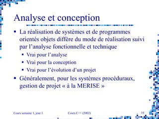 Cours semaine 1, jour 1 Cours C++ (2002) 19
Analyse et conception
 La réalisation de systèmes et de programmes
orientés objets diffère du mode de réalisation suivi
par l’analyse fonctionnelle et technique
 Vrai pour l’analyse
 Vrai pour la conception
 Vrai pour l’évolution d’un projet
 Généralement, pour les systèmes procéduraux,
gestion de projet « à la MERISE »
 