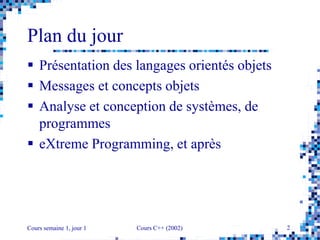 Cours semaine 1, jour 1 Cours C++ (2002) 2
Plan du jour
 Présentation des langages orientés objets
 Messages et concepts objets
 Analyse et conception de systèmes, de
programmes
 eXtreme Programming, et après
 