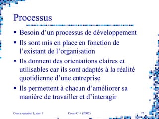 Cours semaine 1, jour 1 Cours C++ (2002) 25
Processus
 Besoin d’un processus de développement
 Ils sont mis en place en fonction de
l’existant de l’organisation
 Ils donnent des orientations claires et
utilisables car ils sont adaptés à la réalité
quotidienne d’une entreprise
 Ils permettent à chacun d’améliorer sa
manière de travailler et d’interagir
 