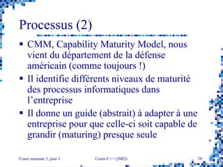 Cours semaine 1, jour 1 Cours C++ (2002) 26
Processus (2)
 CMM, Capability Maturity Model, nous
vient du département de la défense
américain (comme toujours !)
 Il identifie différents niveaux de maturité
des processus informatiques dans
l’entreprise
 Il donne un guide (abstrait) à adapter à une
entreprise pour que celle-ci soit capable de
grandir (maturing) presque seule
 