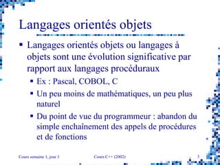 Cours semaine 1, jour 1 Cours C++ (2002) 3
Langages orientés objets
 Langages orientés objets ou langages à
objets sont une évolution significative par
rapport aux langages procéduraux
 Ex : Pascal, COBOL, C
 Un peu moins de mathématiques, un peu plus
naturel
 Du point de vue du programmeur : abandon du
simple enchaînement des appels de procédures
et de fonctions
 