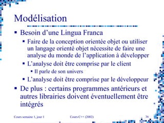 Cours semaine 1, jour 1 Cours C++ (2002) 36
Modélisation
 Besoin d’une Lingua Franca
 Faire de la conception orientée objet ou utiliser
un langage orienté objet nécessite de faire une
analyse du monde de l’application à développer
 L’analyse doit être comprise par le client
 Il parle de son univers
 L’analyse doit être comprise par le développeur
 De plus : certains programmes antérieurs et
autres librairies doivent éventuellement être
intégrés
 
