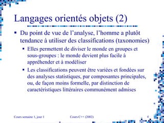 Cours semaine 1, jour 1 Cours C++ (2002) 4
Langages orientés objets (2)
 Du point de vue de l’analyse, l’homme a plutôt
tendance à utiliser des classifications (taxonomies)
 Elles permettent de diviser le monde en groupes et
sous-groupes : le monde devient plus facile à
appréhender et à modéliser
 Les classifications peuvent être variées et fondées sur
des analyses statistiques, par composantes principales,
ou, de façon moins formelle, par distinction de
caractéristiques littéraires communément admises
 
