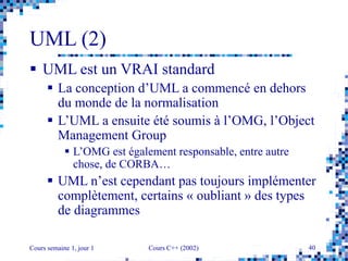 Cours semaine 1, jour 1 Cours C++ (2002) 40
UML (2)
 UML est un VRAI standard
 La conception d’UML a commencé en dehors
du monde de la normalisation
 L’UML a ensuite été soumis à l’OMG, l’Object
Management Group
 L’OMG est également responsable, entre autre
chose, de CORBA…
 UML n’est cependant pas toujours implémenter
complètement, certains « oubliant » des types
de diagrammes
 