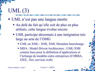 Cours semaine 1, jour 1 Cours C++ (2002) 41
UML (3)
 UML n’est pas une langue morte
 Au delà du fait qu’elle soit de plus en plus
utilisée, cette langue évolue encore
 UML participe désormais à une intégration très
large au sein de l’OMG
 UML en XML : XMI, XML Metadata Interchange
 MDA : Model Driven Architecture ; UML/XMI
comme base pour la définition d’applications et
l’échange de modèles entre entreprises (CORBA,
J2EE, .Net, services web)
 