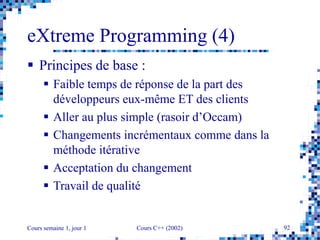 Cours semaine 1, jour 1 Cours C++ (2002) 92
eXtreme Programming (4)
 Principes de base :
 Faible temps de réponse de la part des
développeurs eux-même ET des clients
 Aller au plus simple (rasoir d’Occam)
 Changements incrémentaux comme dans la
méthode itérative
 Acceptation du changement
 Travail de qualité
 