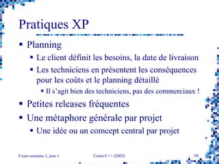 Cours semaine 1, jour 1 Cours C++ (2002) 94
Pratiques XP
 Planning
 Le client définit les besoins, la date de livraison
 Les techniciens en présentent les conséquences
pour les coûts et le planning détaillé
 Il s’agit bien des techniciens, pas des commerciaux !
 Petites releases fréquentes
 Une métaphore générale par projet
 Une idée ou un comcept central par projet
 