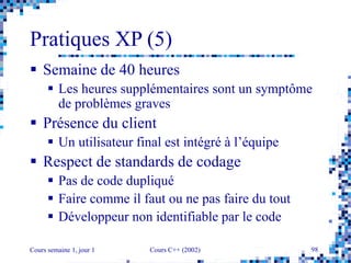 Cours semaine 1, jour 1 Cours C++ (2002) 98
Pratiques XP (5)
 Semaine de 40 heures
 Les heures supplémentaires sont un symptôme
de problèmes graves
 Présence du client
 Un utilisateur final est intégré à l’équipe
 Respect de standards de codage
 Pas de code dupliqué
 Faire comme il faut ou ne pas faire du tout
 Développeur non identifiable par le code
 