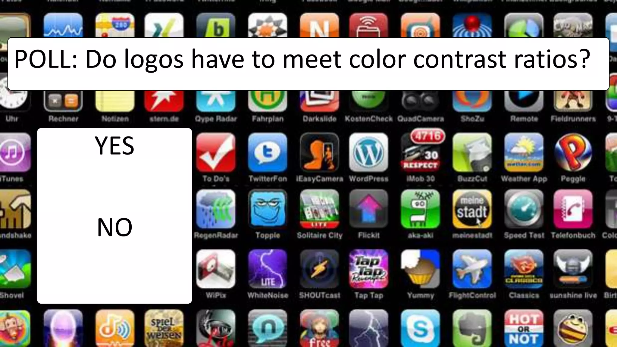 POLL: Do logos have to meet color contrast ratios?
YES
NO
 