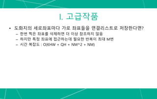 I. 고급작품
• 도화지의 세로좌표마다 가로 좌표들을 연결리스트로 저장한다면?
– 한번 찍은 좌표를 삭제하면 더 이상 참조하지 않음
– 하지만 특정 좌표에 접근하는데 필요한 반복이 최대 M번
– 시간 복잡도 : O(KHW + QH + NM^2 + NM)
 