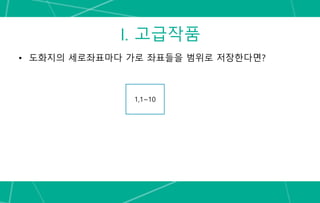 I. 고급작품
• 도화지의 세로좌표마다 가로 좌표들을 범위로 저장한다면?
1,1~10
 