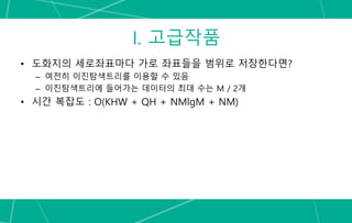 I. 고급작품
• 도화지의 세로좌표마다 가로 좌표들을 범위로 저장한다면?
– 여전히 이진탐색트리를 이용할 수 있음
– 이진탐색트리에 들어가는 데이터의 최대 수는 M / 2개
• 시간 복잡도 : O(KHW + QH + NMlgM + NM)
 