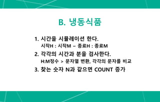 B. 냉동식품
1. 시간을 시뮬레이션 한다.
시작H : 시작M ~ 종료H : 종료M
2. 각각의 시간과 분을 검사한다.
H:M정수 > 문자열 변환, 각각의 문자를 비교
3. 찾는 숫자 N과 같으면 COUNT 증가
 