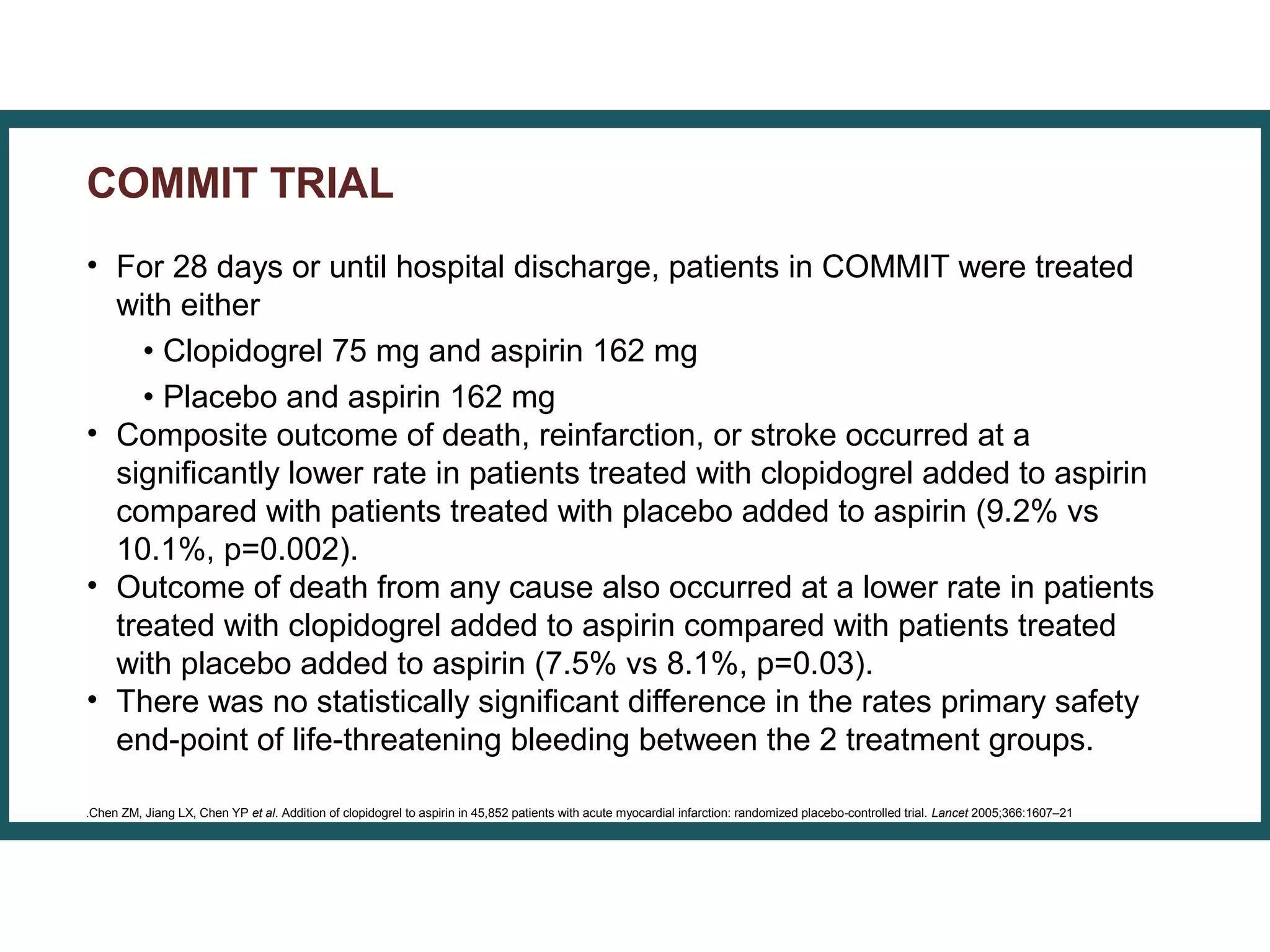 • For 28 days or until hospital discharge, patients in COMMIT were treated
with either
• Clopidogrel 75 mg and aspirin 162 mg
• Placebo and aspirin 162 mg
• Composite outcome of death, reinfarction, or stroke occurred at a
significantly lower rate in patients treated with clopidogrel added to aspirin
compared with patients treated with placebo added to aspirin (9.2% vs
10.1%, p=0.002).
• Outcome of death from any cause also occurred at a lower rate in patients
treated with clopidogrel added to aspirin compared with patients treated
with placebo added to aspirin (7.5% vs 8.1%, p=0.03).
• There was no statistically significant difference in the rates primary safety
end-point of life-threatening bleeding between the 2 treatment groups.
COMMIT TRIAL
.Chen ZM, Jiang LX, Chen YP et al. Addition of clopidogrel to aspirin in 45,852 patients with acute myocardial infarction: randomized placebo-controlled trial. Lancet 2005;366:1607–21
 