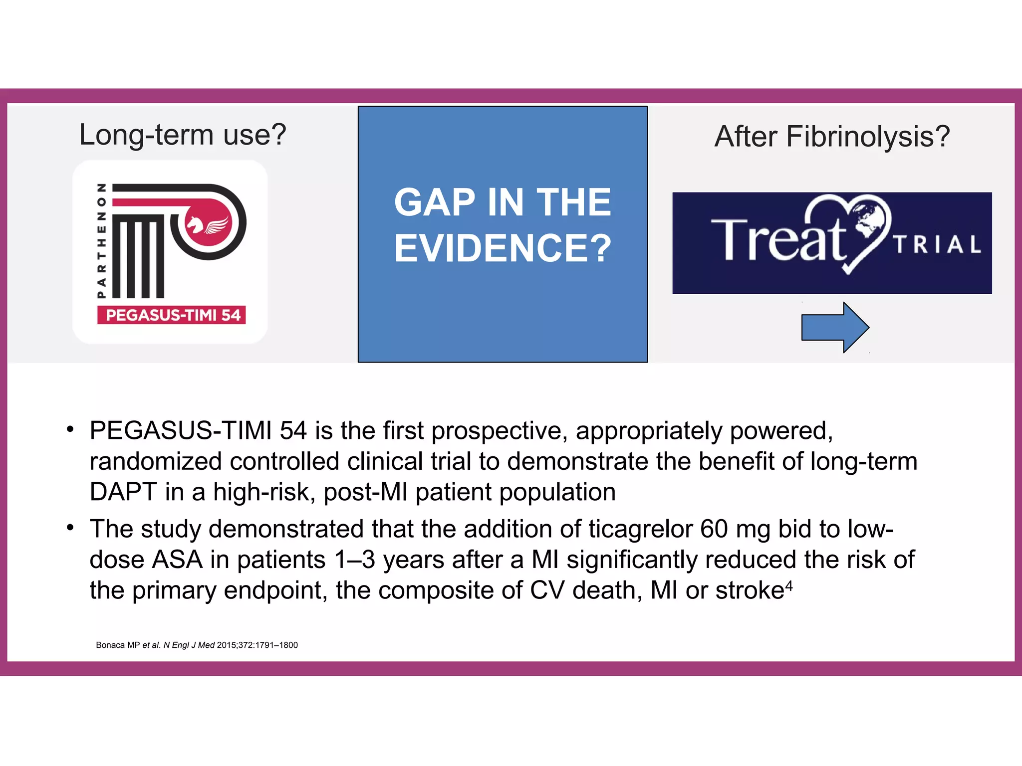 26
GAP IN THE
EVIDENCE?
Long-term use? After Fibrinolysis?
• PEGASUS-TIMI 54 is the first prospective, appropriately powered,
randomized controlled clinical trial to demonstrate the benefit of long-term
DAPT in a high-risk, post-MI patient population
• The study demonstrated that the addition of ticagrelor 60 mg bid to low-
dose ASA in patients 1–3 years after a MI significantly reduced the risk of
the primary endpoint, the composite of CV death, MI or stroke4
Bonaca MP et al. N Engl J Med 2015;372:1791–1800
 
