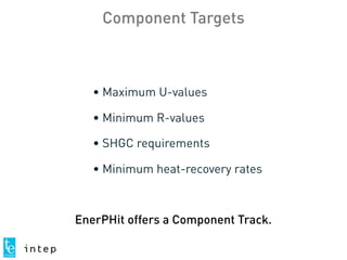 EnerPHit offers a Component Track.
Component Targets
• Maximum U-values
• Minimum R-values
• SHGC requirements
• Minimum heat-recovery rates
 