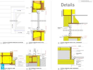 4"
4"51/2"
ROUGH OPENING
WINDOW SET POINT
OPT. 2X4
L-SECTION SILL END CAP
EXTERIOR ALUMINUM SILL
INTERIOR WOOD SILL
EPS FOAM STRIP
PLYWOOD STRIP
FILL VOID WITH EPS FOAM
8 7/8" (225 MM)
4" 5 1/2"
ROUGHOPENINGROUGHOPENING
EPS WEDGE
EPS INFILL
AIRTIGHT
CONNECTION
AIRTIGHT
CONNECTION
COMPRESSION
TAPE
DRIP EDGE
OPT. 2X4
L-SECTION
END CAP
3-1/2" TRIM
5-1/2"TRIM
7-1/4" TRIM
DC260
7" (180 MM)
ROUGHOPENING
AIRTIGHT
CONNECTION
TERRACE DOOR
SILL
L-SECTION
END CAP
COMPRESSION
TAPE
CRIPPLE WALL WITH
DENSEGLASS GOLD
SHEATHING
INT.JAMB
EXTENSION
EXT.JAMB
EXT. STEP
MIN.1-3/8"
1 3/4"
EXIST. ROUGH OPENING
WINDOW SET POINT
1" POLYISOCYANURATE FOAM BOARD
3/4" PLYWOOD BUCK
STO GUARD WET-FLASHING SYSTEM
STO FINISH PROFILE
AIR TIGHT CONNECTION
DOUBLE SIDED BUTYL TAPE
PER MANF.
RETROFIT ROUGH OPENING
REFERENCE DETAILS:
- STO W 425-1
- STO W 501
NOTE:
VERIFY DIMENSIONS
WITH ACTUAL PRODUCT
INTERIOR
EXTERIOR
8 7/8" (225 MM)
13/4"3/4"
STO FINISH PROFILE
STO DRIP EDGE
WINDOW R.O.
BLOCK R.O.
EXIST. R.O.
WINDOW R.O.
U-SECTION
END CAP
REFERENCE DETAILS:
- STO W 710
- STO W 425-2
SCALE: 3" = 1'-0"3
TYPICAL WINDOW JAMB
SCALE: 3" = 1'-0"2
TYPICAL WINDOW HEAD & SILL
SCALE: 3" = 1'-0"1
TYPICAL EXTERIOR WINDOW ELEVATION
SCALE: 3" = 1'-0"4
TYP. TERRACE DOOR SILL
SCALE: 3" = 1'-0"6
TYPICAL WINDOW JAMB, BASEMENT
SCALE: 3" = 1'-0"5
TYPICAL WINDOW HEAD & SILL, BASEMENT
WEATHER RESISTANT BARRIER (WRB)
AIRTIGHTNESS LAYER & VAPOR RETARDER (AB & VR)
Details
 