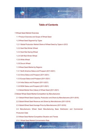 Table of Contents
1 Wheat Seed Market Overview
1.1 Product Overview and Scope of Wheat Seed
1.2 Wheat Seed Segment by Types
1.2.1 Global Production Market Share of Wheat Seed by Types in 2015
1.2.2 Hard Red Winter Wheat
1.2.3 Hard Red Spring Wheat
1.2.4 Soft Red Winter Wheat
1.2.5 White Wheat
1.2.6 Durum Wheat
1.3 Wheat Seed Market by Regions
1.3.1 North America Status and Prospect (2011-2021)
1.3.2 China Status and Prospect (2011-2021)
1.3.3 Europe Status and Prospect (2011-2021)
1.3.4 India Status and Prospect (2011-2021)
1.3.5 ROW Status and Prospect (2011-2021)
1.4 Global Market Size (Value) of Wheat Seed (2011-2021)
2 Global Wheat Seed Market Competition by Manufacturers
2.1 Global Wheat Seed Capacity, Production and Share by Manufacturers (2011-2016)
2.2 Global Wheat Seed Revenue and Share by Manufacturers (2011-2016)
2.3 Global Wheat Seed Average Price by Manufacturers (2011-2016)
2.4 Manufacturers Wheat Seed Manufacturing Base Distribution and Commercial
Production Date
2.5 Wheat Seed Market Competitive Situation and Trends
2.5.1 Wheat Seed Market Concentration Rate
 