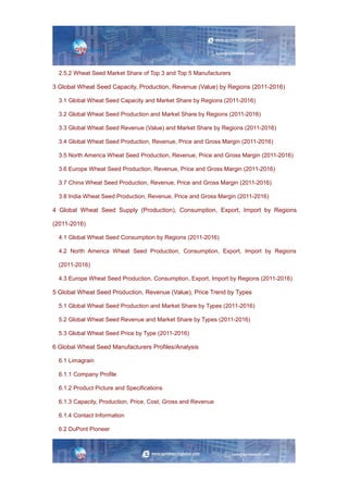 2.5.2 Wheat Seed Market Share of Top 3 and Top 5 Manufacturers
3 Global Wheat Seed Capacity, Production, Revenue (Value) by Regions (2011-2016)
3.1 Global Wheat Seed Capacity and Market Share by Regions (2011-2016)
3.2 Global Wheat Seed Production and Market Share by Regions (2011-2016)
3.3 Global Wheat Seed Revenue (Value) and Market Share by Regions (2011-2016)
3.4 Global Wheat Seed Production, Revenue, Price and Gross Margin (2011-2016)
3.5 North America Wheat Seed Production, Revenue, Price and Gross Margin (2011-2016)
3.6 Europe Wheat Seed Production, Revenue, Price and Gross Margin (2011-2016)
3.7 China Wheat Seed Production, Revenue, Price and Gross Margin (2011-2016)
3.8 India Wheat Seed Production, Revenue, Price and Gross Margin (2011-2016)
4 Global Wheat Seed Supply (Production), Consumption, Export, Import by Regions
(2011-2016)
4.1 Global Wheat Seed Consumption by Regions (2011-2016)
4.2 North America Wheat Seed Production, Consumption, Export, Import by Regions
(2011-2016)
4.3 Europe Wheat Seed Production, Consumption, Export, Import by Regions (2011-2016)
5 Global Wheat Seed Production, Revenue (Value), Price Trend by Types
5.1 Global Wheat Seed Production and Market Share by Types (2011-2016)
5.2 Global Wheat Seed Revenue and Market Share by Types (2011-2016)
5.3 Global Wheat Seed Price by Type (2011-2016)
6 Global Wheat Seed Manufacturers Profiles/Analysis
6.1 Limagrain
6.1.1 Company Profile
6.1.2 Product Picture and Specifications
6.1.3 Capacity, Production, Price, Cost, Gross and Revenue
6.1.4 Contact Information
6.2 DuPont Pioneer
 
